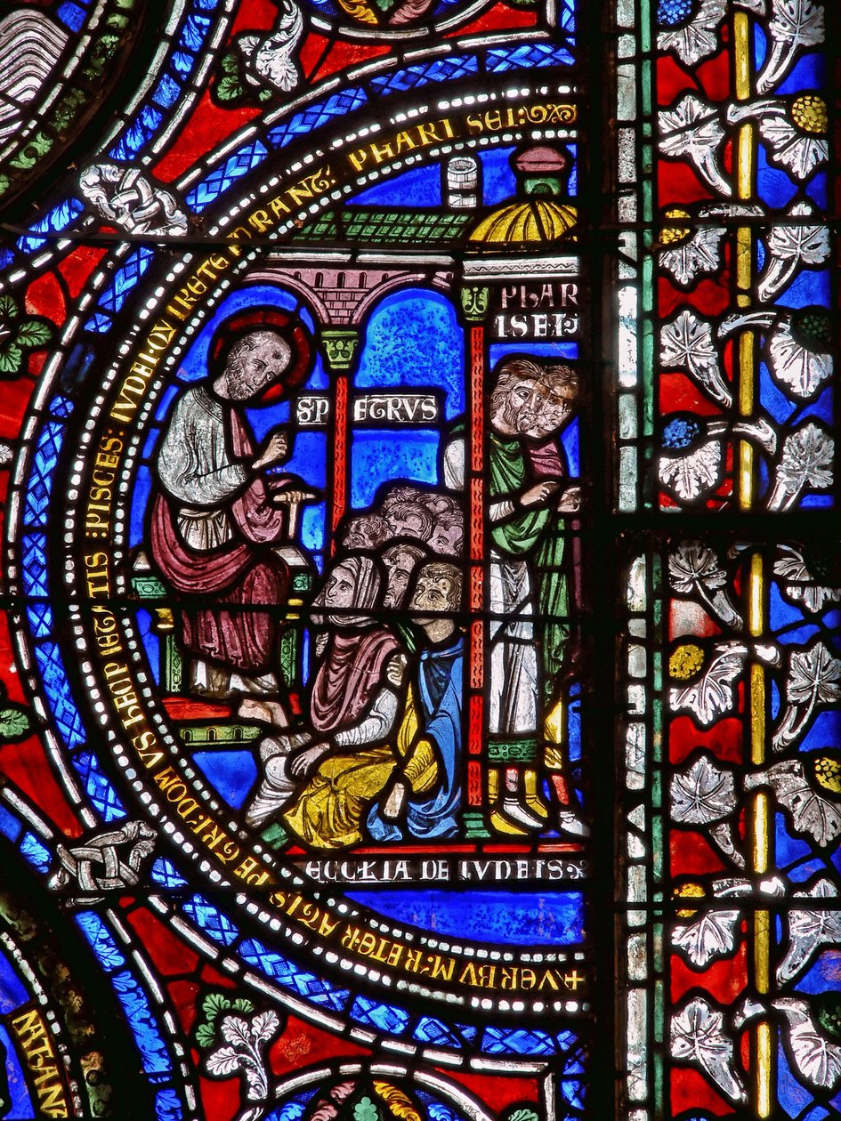 Detail z jednoho z biblických oken zobrazujících kázání svatého Petra od English School