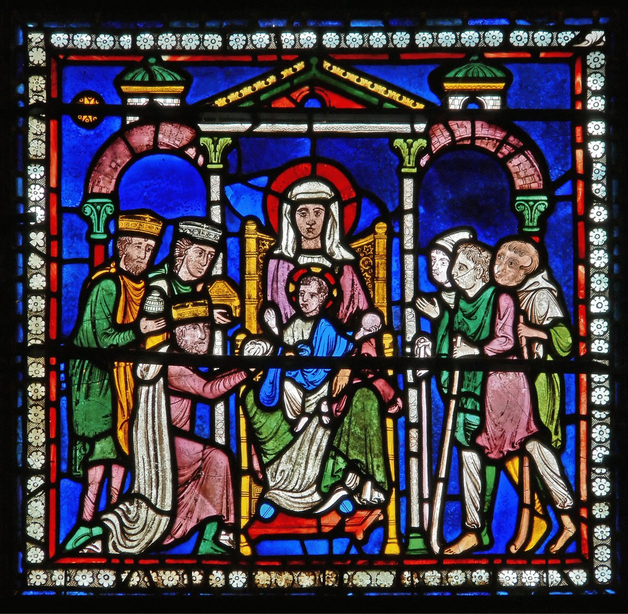 Detail z jednoho z biblických oken zobrazující klanění mudrců a pastýřů od English School