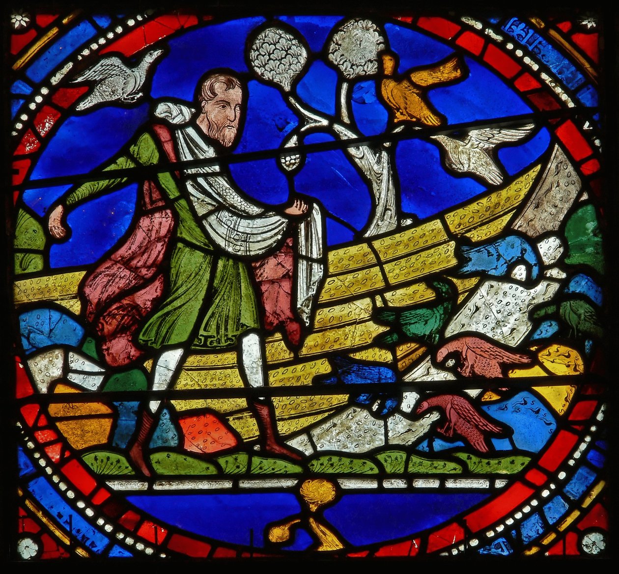 Detail z jednoho z biblických oken zobrazujících podobenství o rozsévači od English School