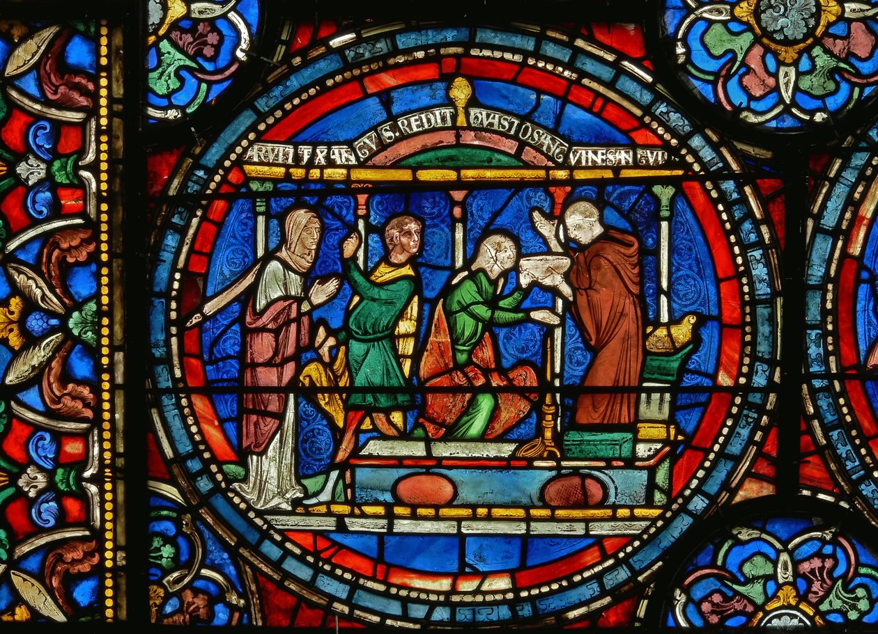 Detail z Miracle Window zobrazující Audrey z Canterbury, jak bere léčivou vodu od English School