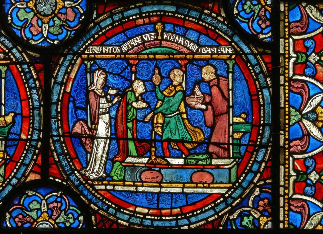 Detail z Miracle Window zobrazující Audrey z Canterbury, jak bere léčivou vodu od English School