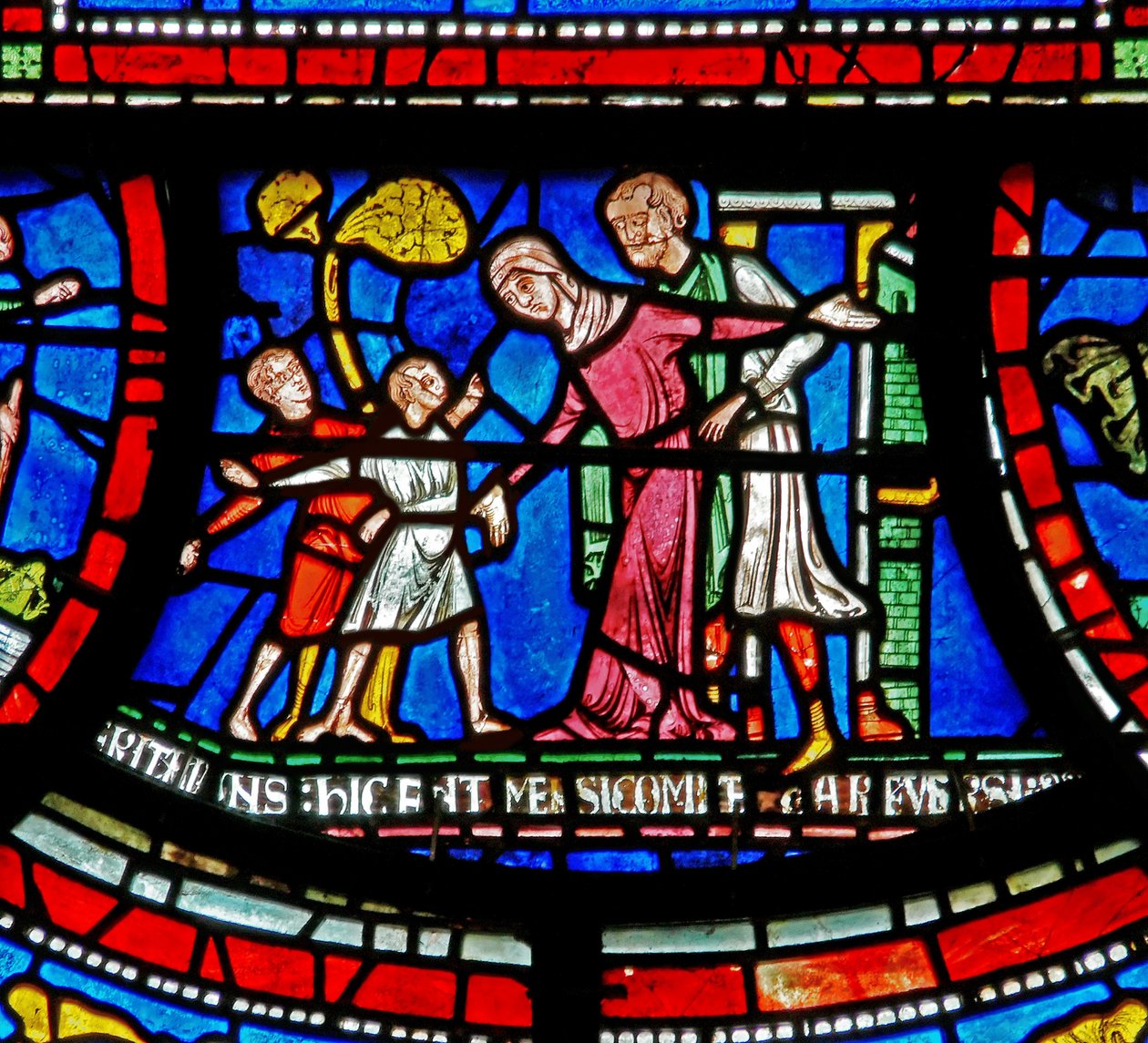 Detail z okna Miracle Window zobrazující příběh Bobbyho z Rochesteru od English School