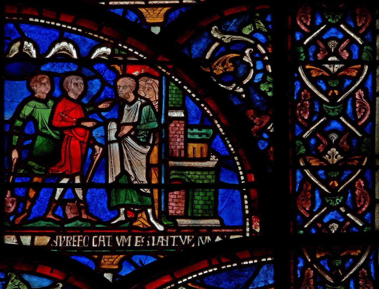 Detail ze zázračného okna zobrazující scénu ze záchrany Viléma z Gloucesteru od English School