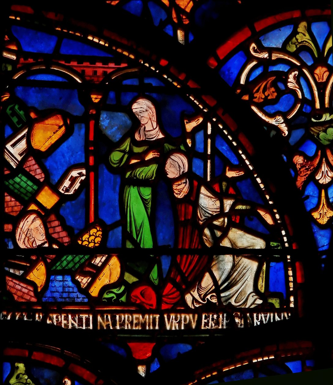 Detail z Miracle Window zobrazující zeď padající na nemluvně Geoffreye z Winchesteru od English School
