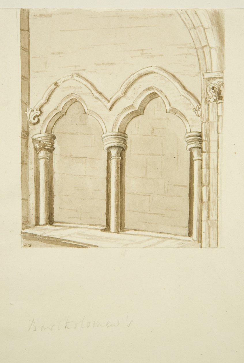 Detail architektury ve vchodu do městské školy [Nemocnice královny Alžběty], Vánoční ulice (tužka a akvarel na papíře) od English School