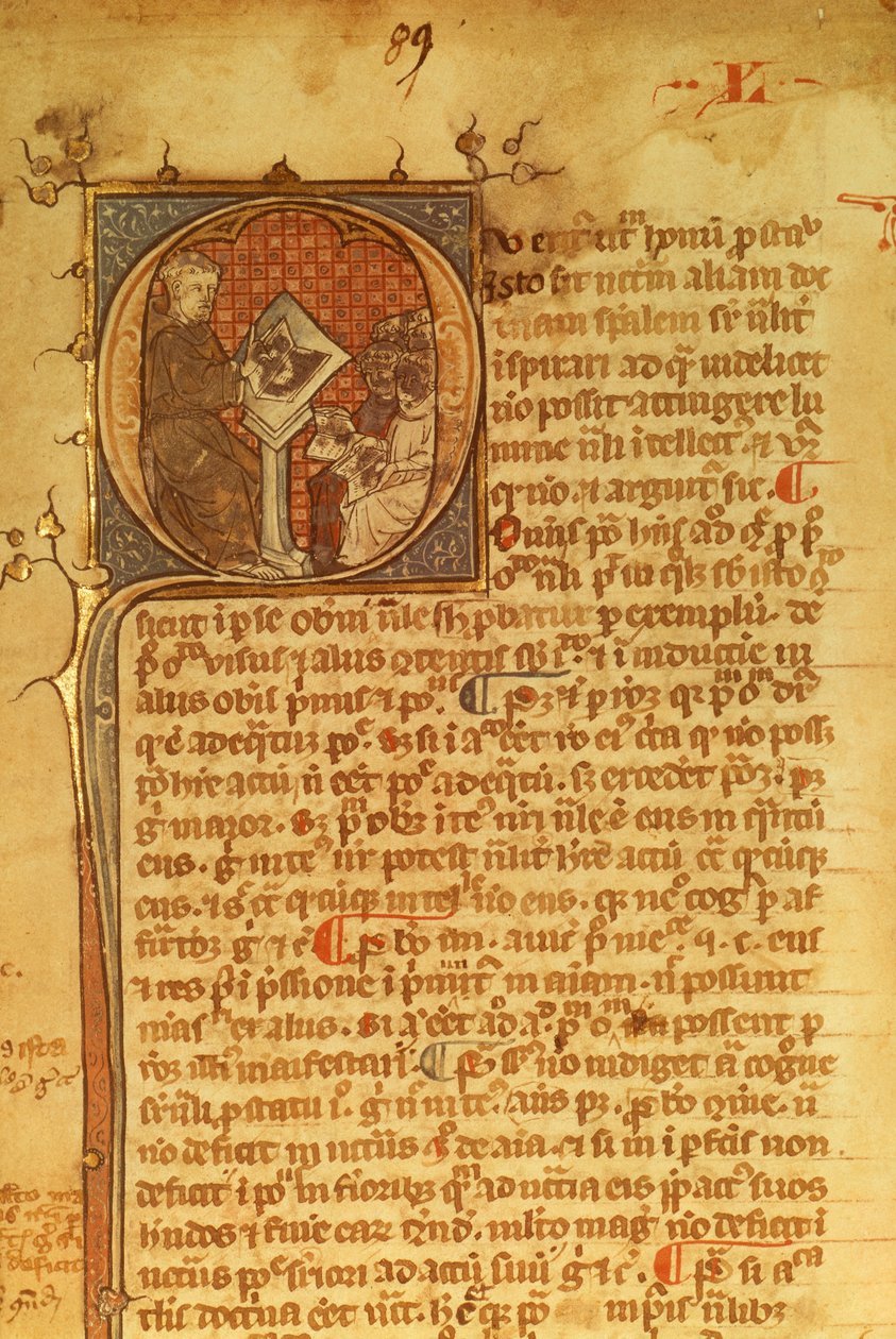 Detail ornamentálního dopisu v rukopise ze 14. století. Duns Scotus přednáší svým studentům od English School