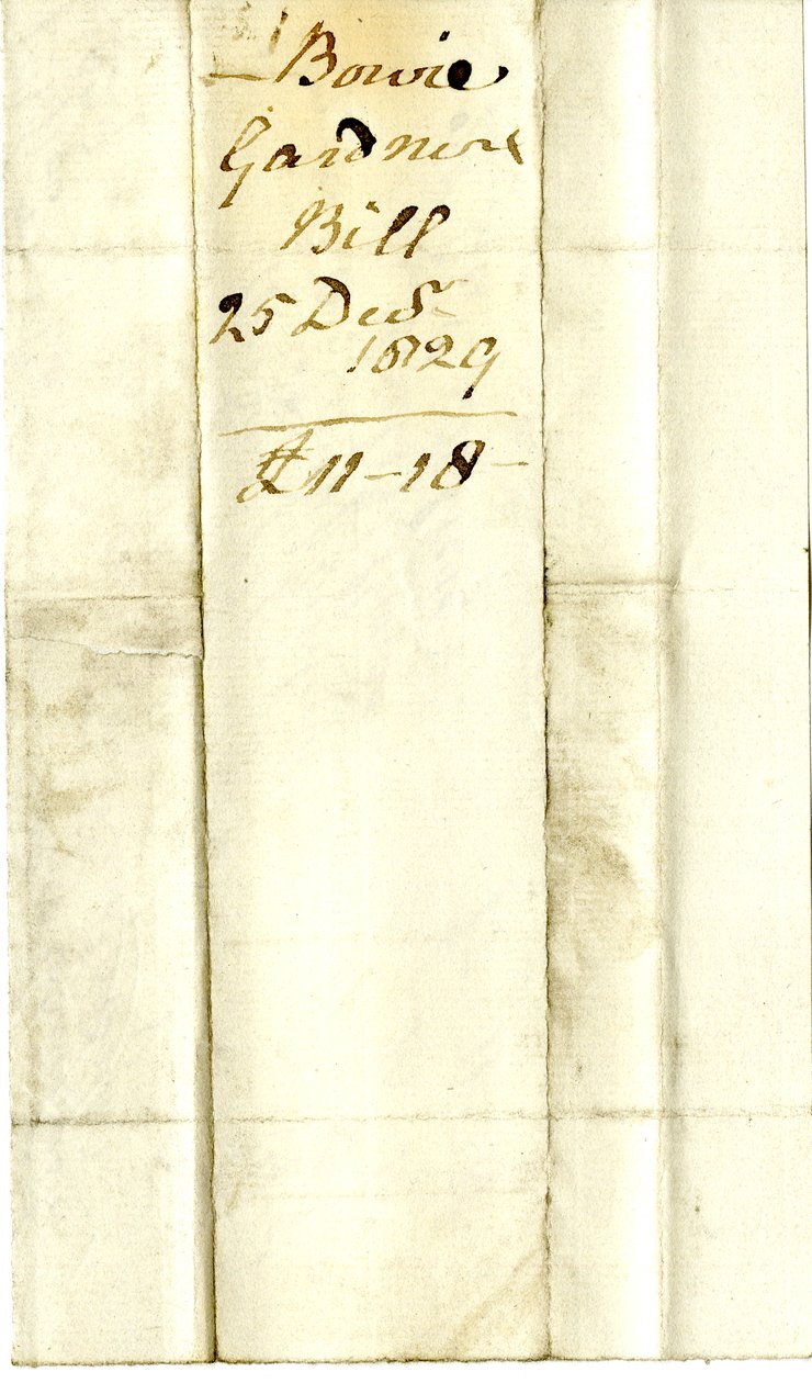 Devonshire MSS AS 3101, folio ze svazku směnek vypořádaných Pinderem Simpsonem pro lorda George Cavendishe, včetně směnky Alexandra Bowieho od English School
