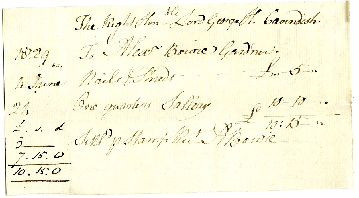Devonshire MSS AS 3101, folio ze svazku směnek vypořádaných Pinderem Simpsonem pro lorda George Cavendishe, včetně směnky Alexandra Bowieho od English School
