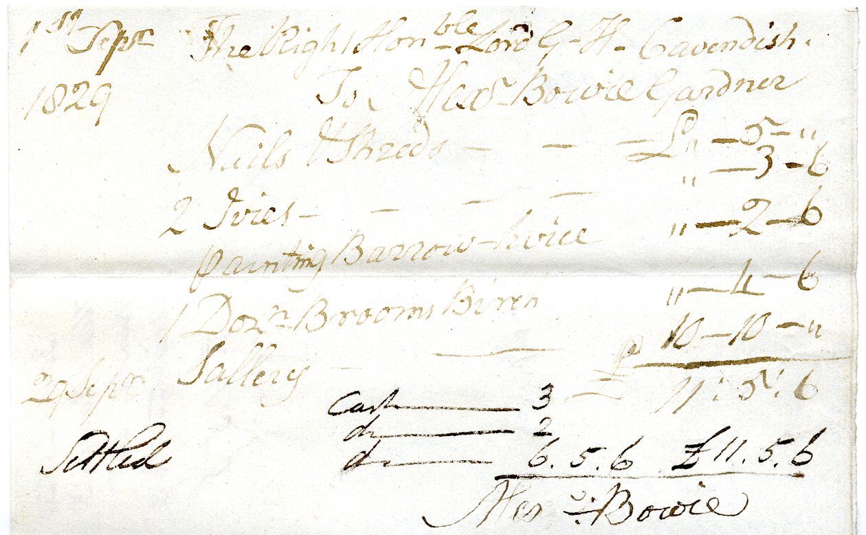 Devonshire MSS AS 3101, folio ze svazku účtů vyřízených Pinderem Simpsonem pro lorda George Cavendishe, včetně účtu Alexandra Bowieho. od English School