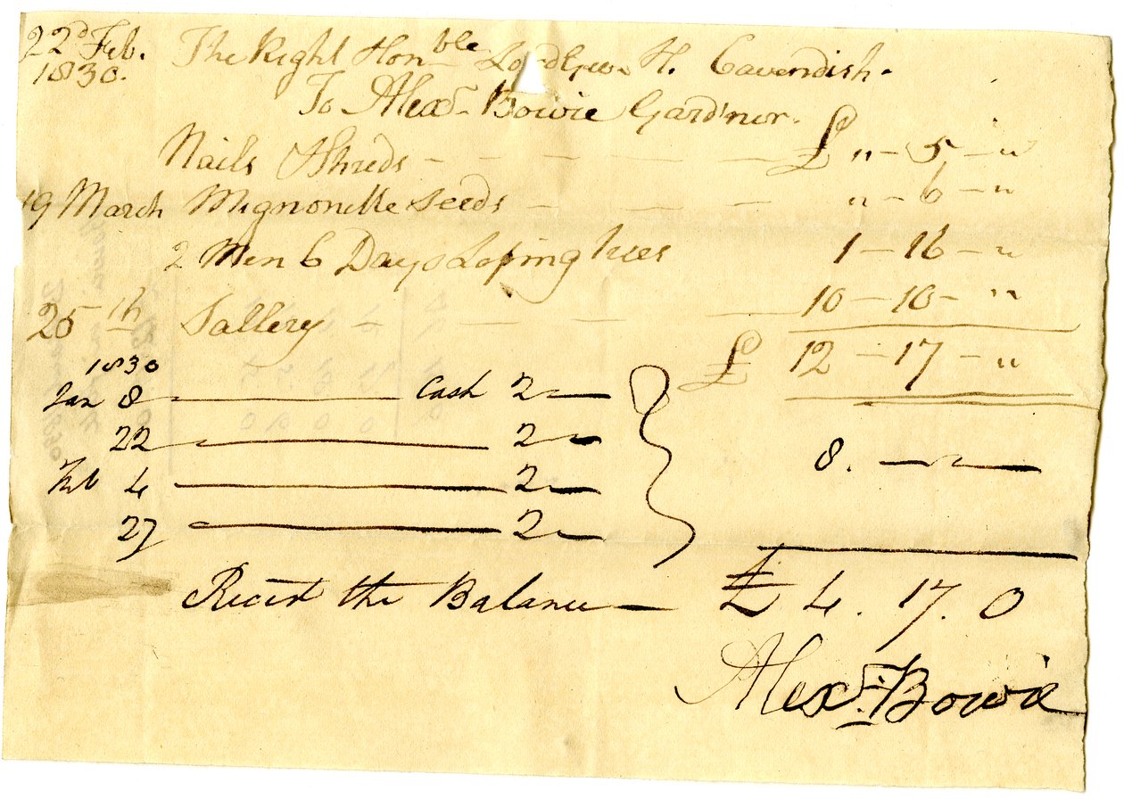 Devonshire MSS AS 3101, folio ze svazku směnek vypořádaných Pinderem Simpsonem pro lorda George Cavendishe, včetně směnky Alexandra Bowieho od English School