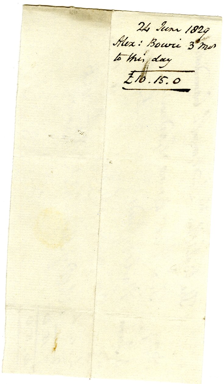 Devonshire MSS AS 3101, folio ze svazku směnek vypořádaných Pinderem Simpsonem pro lorda George Cavendishe, včetně směnky Alexandra Bowieho od English School