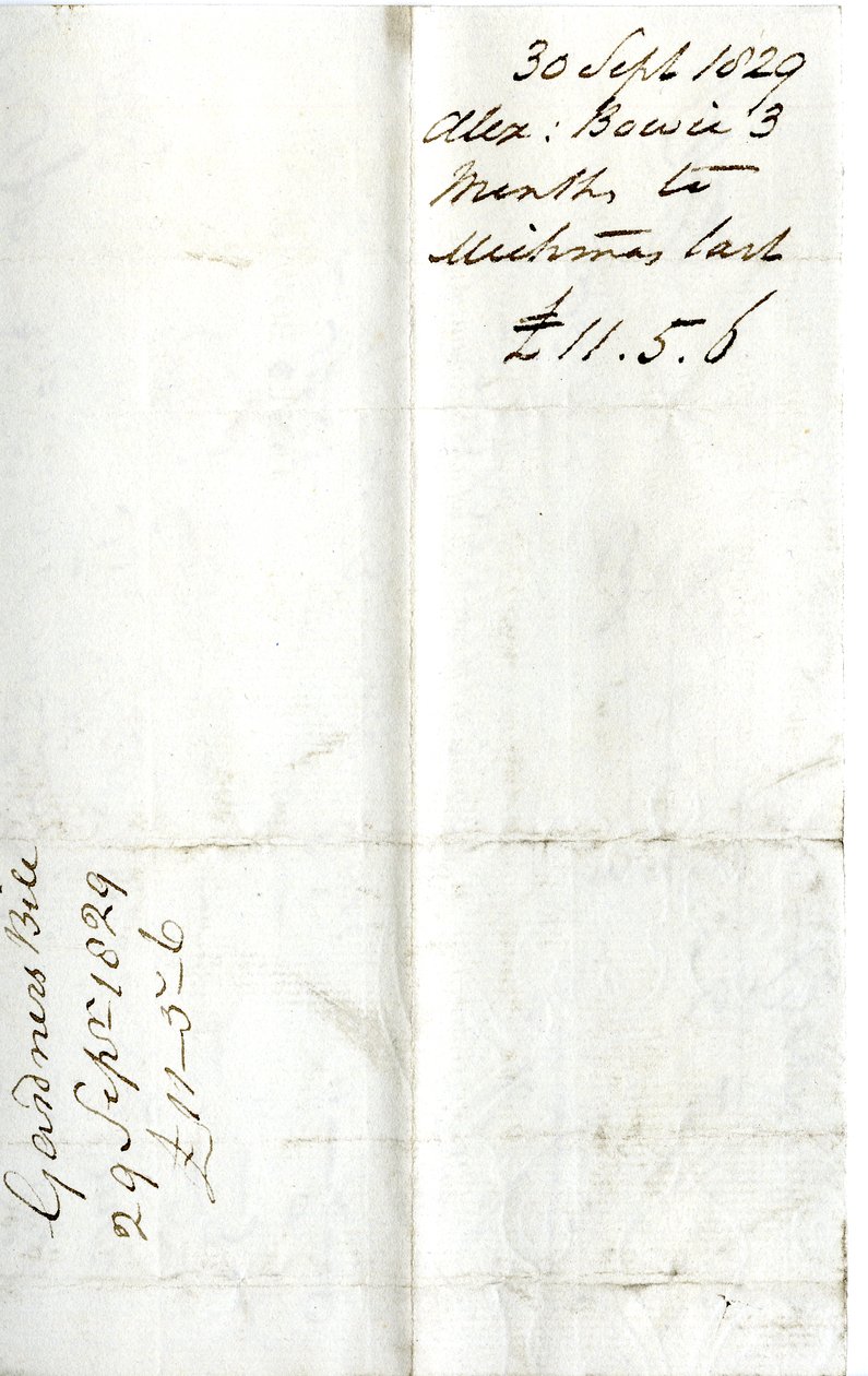 Devonshire MSS AS 3101, folio ze svazku směnek vypořádaných Pinderem Simpsonem pro lorda George Cavendishe, včetně směnky Alexandra Bowieho od English School