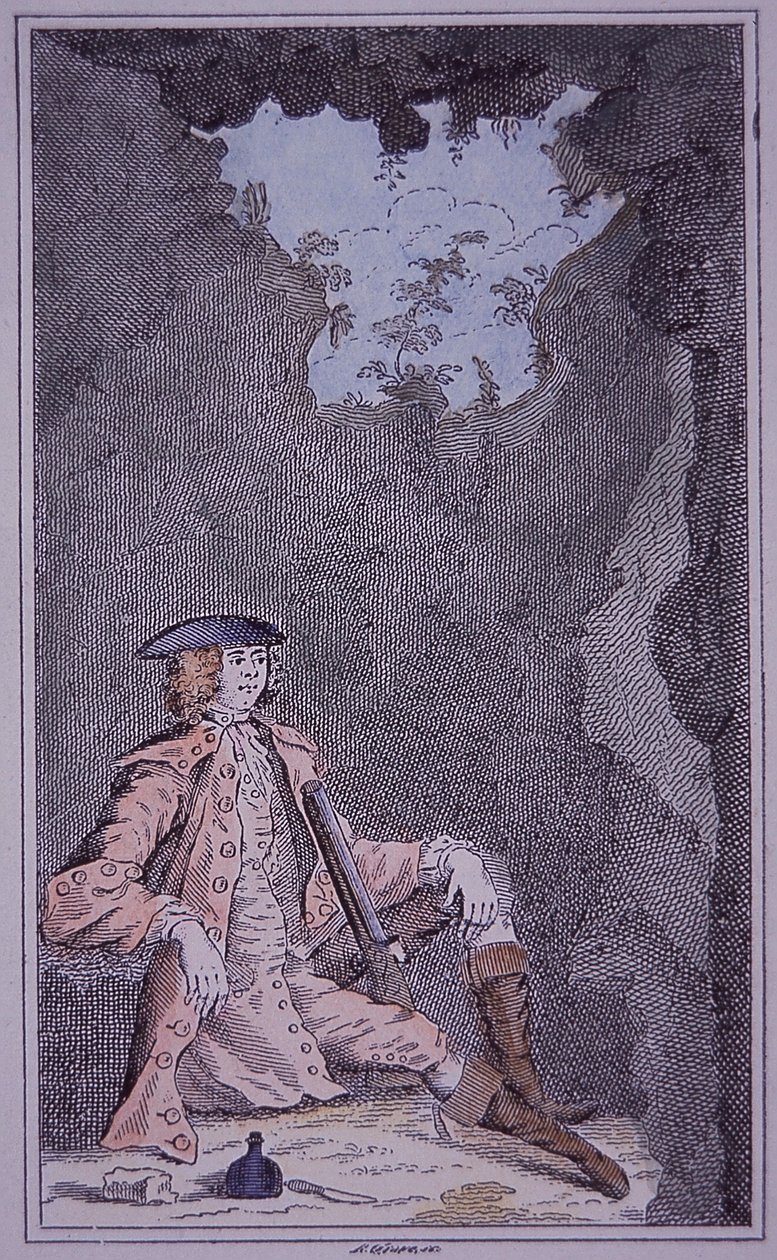 Dick Turpin se skrývá v jeskyni, z knihy Richarda Bayese „Opravdová historie života Richarda Turpina“ od English School
