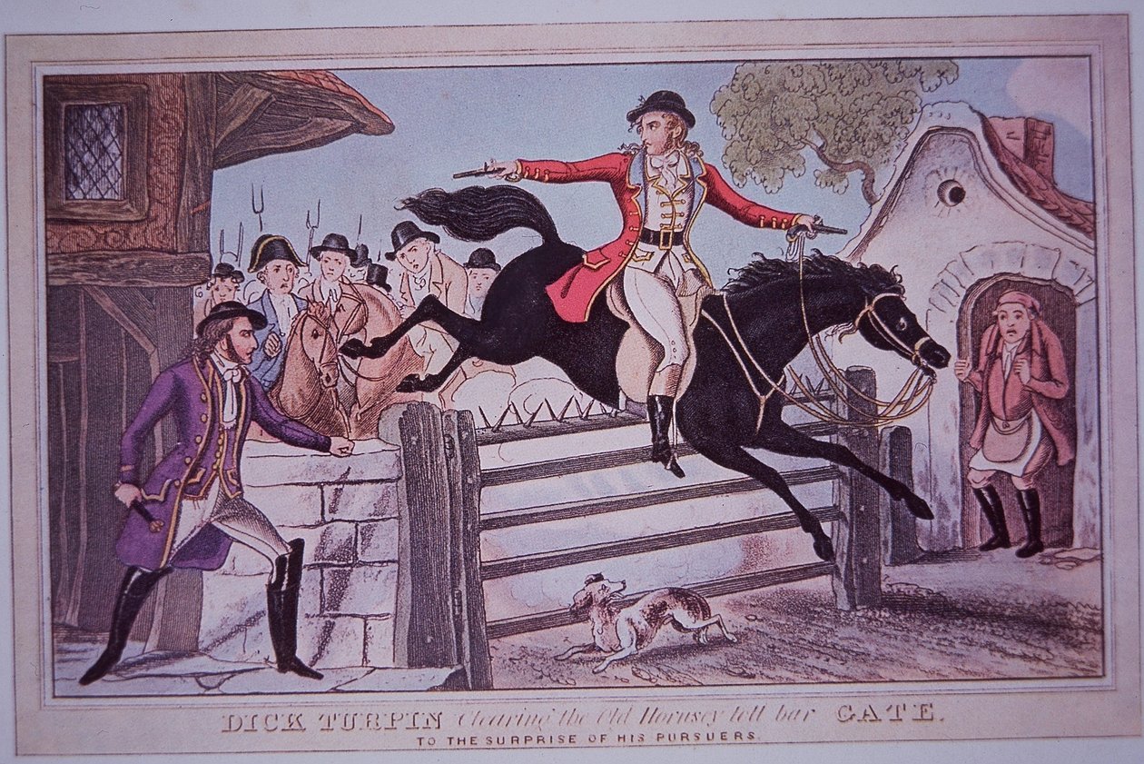 Dick Turpin skáče na Hornseyho mýtnou bránu na svém koni Black Bess (barevná rytina) od English School