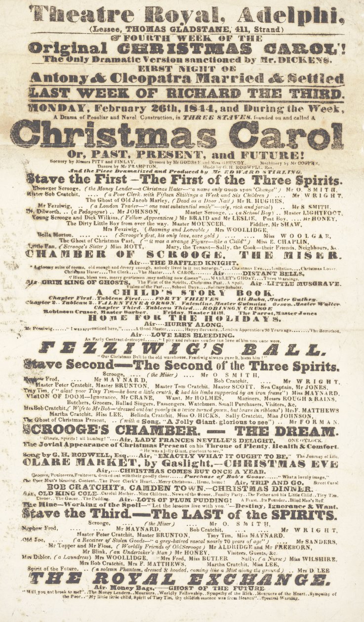 Dickens playbill: A Christmas Carol v Adelphi Theatre Royal, 26. února 1814 od English School