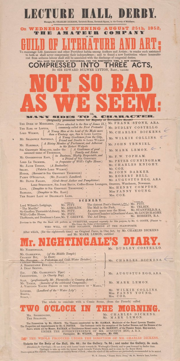 Dickens playbill: Not tak Bad As We Seem v Lecture Hall, Derby, program na 25. srpna 1852 od English School