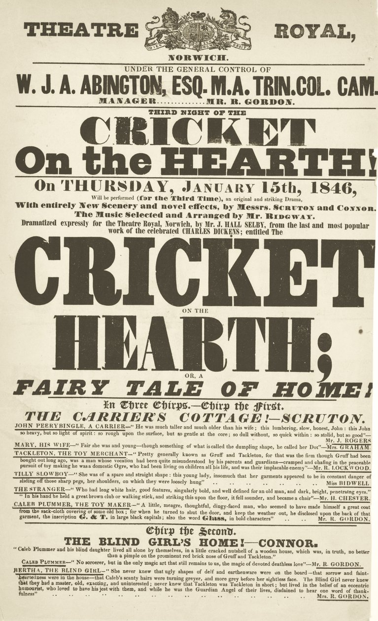 Dickens playbill: The Cricket on the Hearth v Theatre Royal, Derby, 15. ledna 1846 od English School