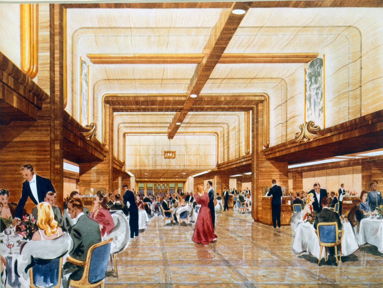 Večeře a tanec na palubě lodi RMS Caronia, z propagační brožury, 1947 od English School