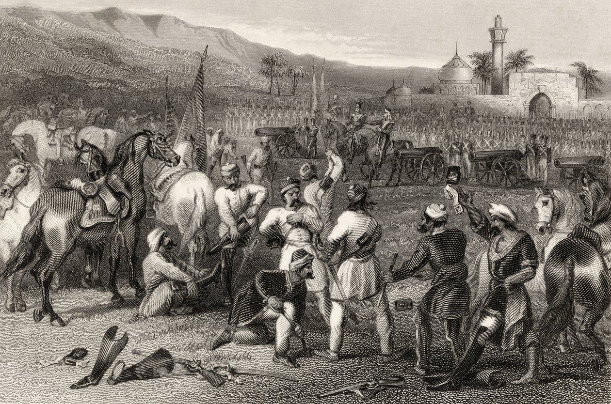 Odzbrojení 11. nepravidelné kavalérie v Berhampore v roce 1857 z „Historie indické vzpoury“ publikované v roce 1858 od English School