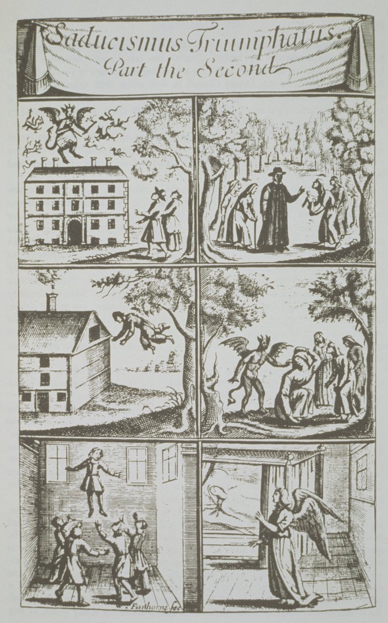 Diverse Manifestations of the Devil, kopie ilustrace ze Sadducismus Triumphatus Part II, od Josepha Glanvila, Londýn 1681, použitá v Historii magie, publikované koncem 19. století od English School