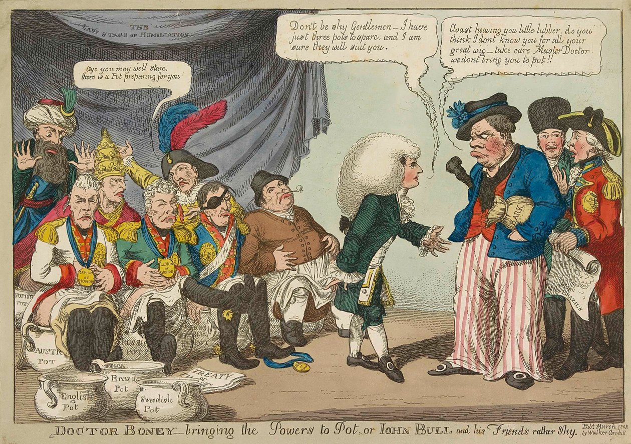 Doctor Boney_bringing the Powers to Pot ..., 1808 ručně kolorovaná rytina. od English School