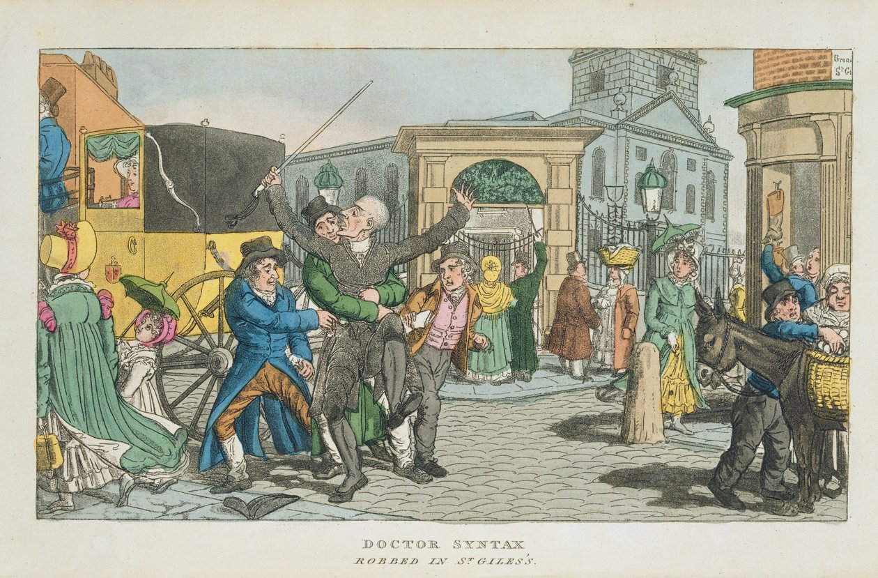 Doktor Syntax loupež v St. Giless, z Tour of Doctor Syntax po Londýně, nebo Radosti a bídy metropole. Báseň, vydaná 1820 (akvatinta) od English School