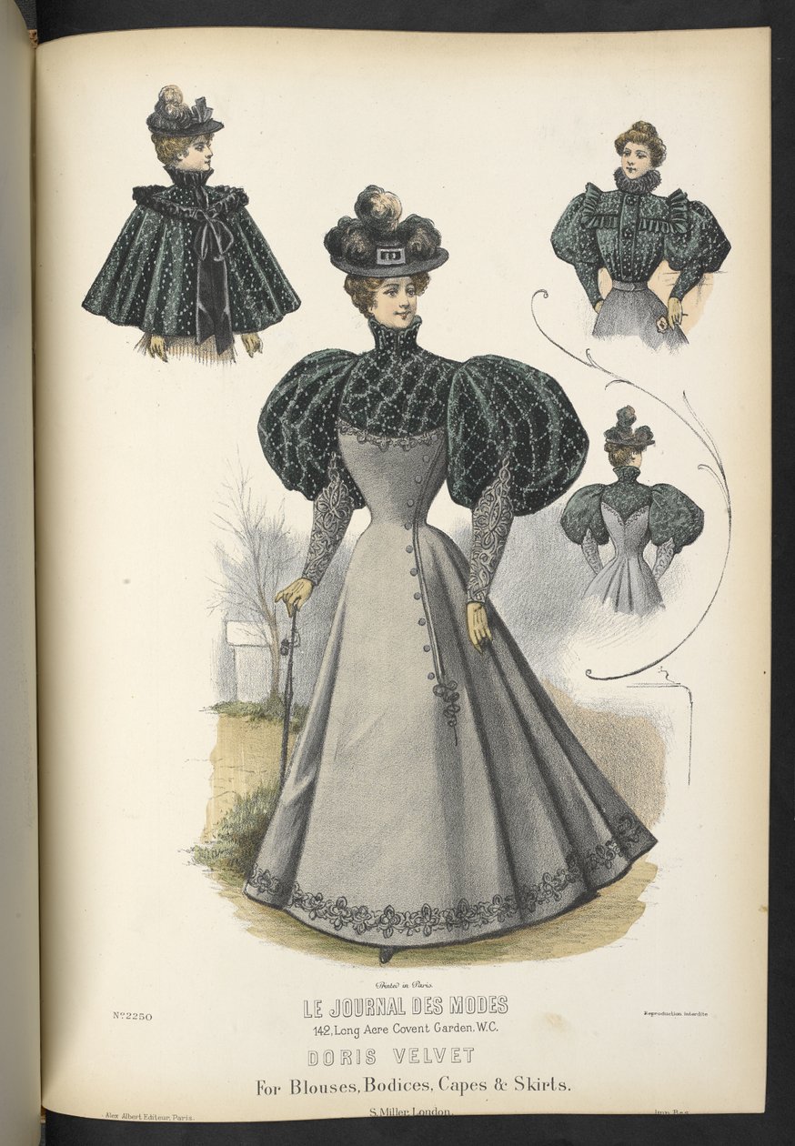 Doris velvet, Na halenky, živůtky, pláštěnky a sukně,  Plate 2250, Doris samet na halenky, živůtky, peleríny a sukně,  Švadlena a Milliner,  1895 od English School