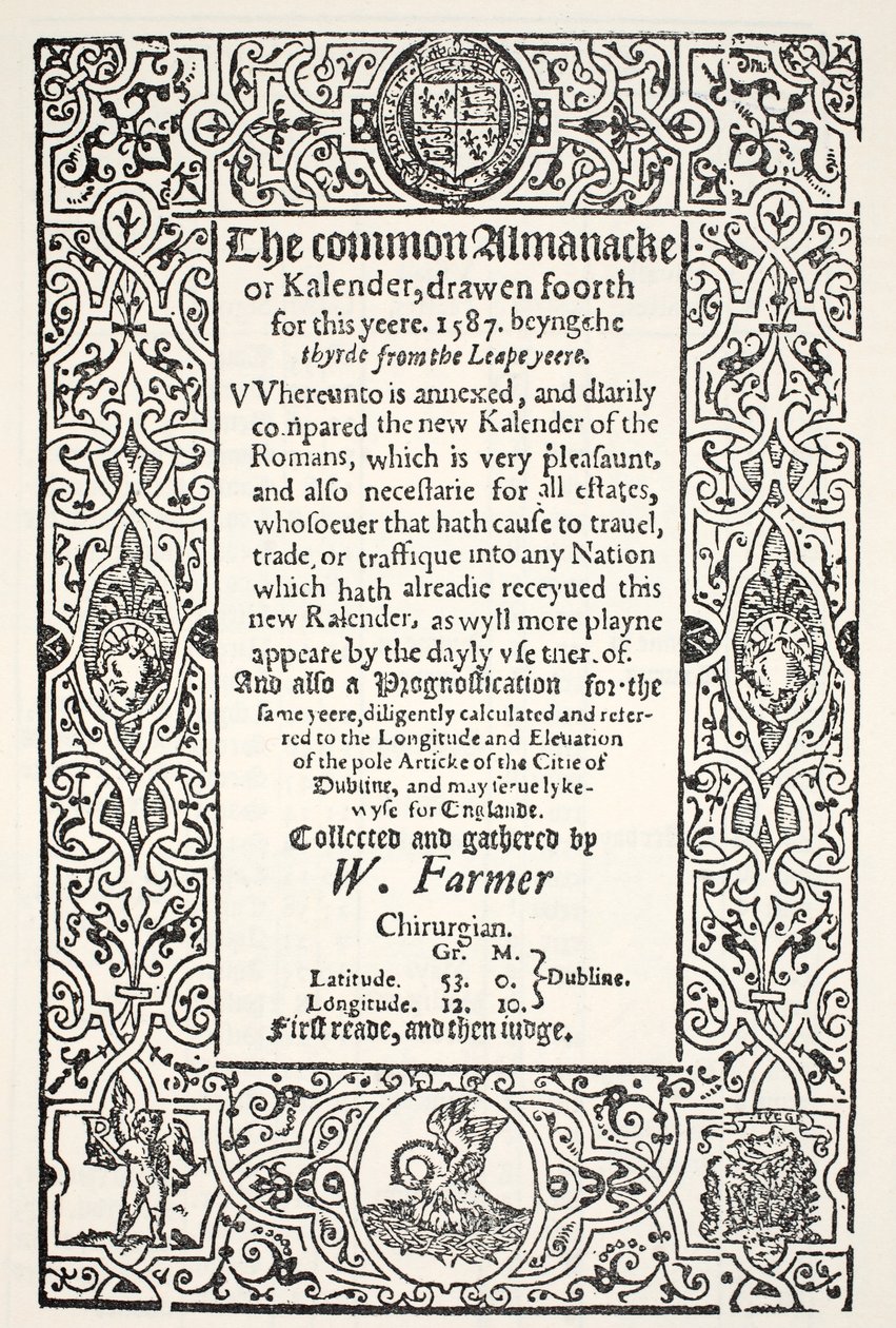 Dvojitý almanack (běžný a nový) a Prognóza pro Dublin na rok 1587, W. Farmer, tisk Watkins a Roberts, 1587 od English School
