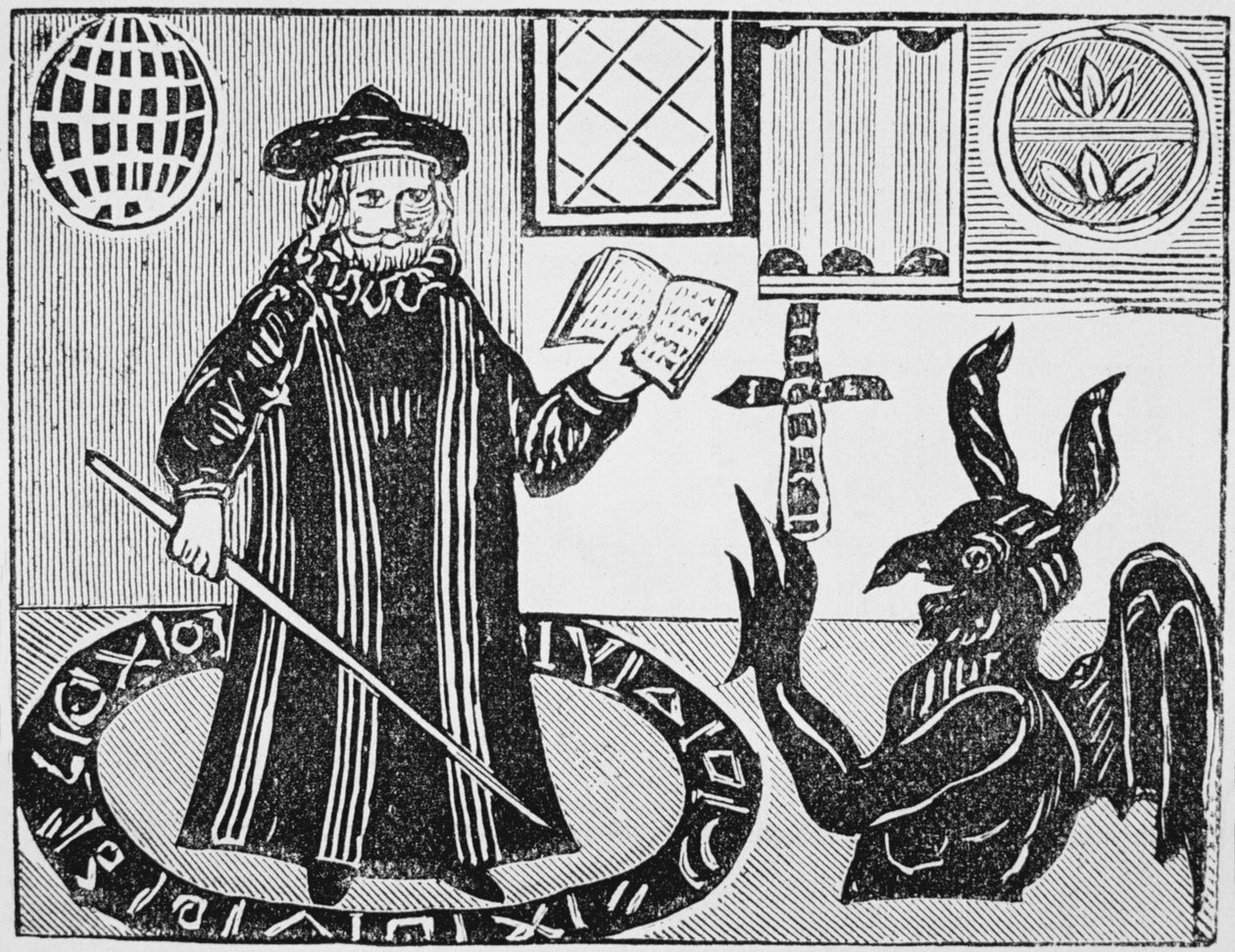 Dr Faustus in a Magic Circle, frontispis Gentského překladu Dr. Fausta, vydáno 1648 od English School