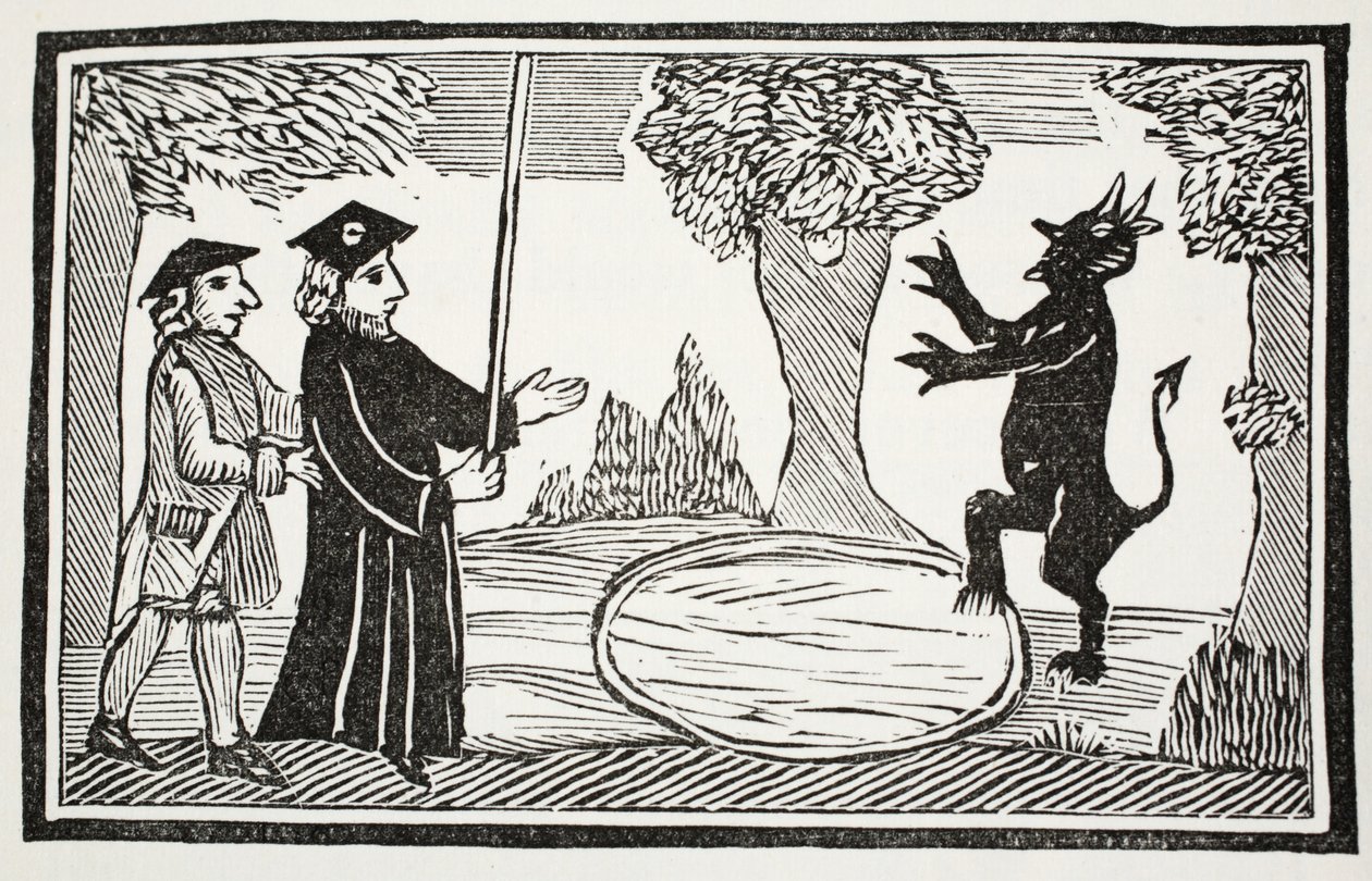 Dr. Faustus raises the Devil, ilustrace z Chap-books of the Eighteenth Century od Johna Ashtona, hospoda. 1882 od English School