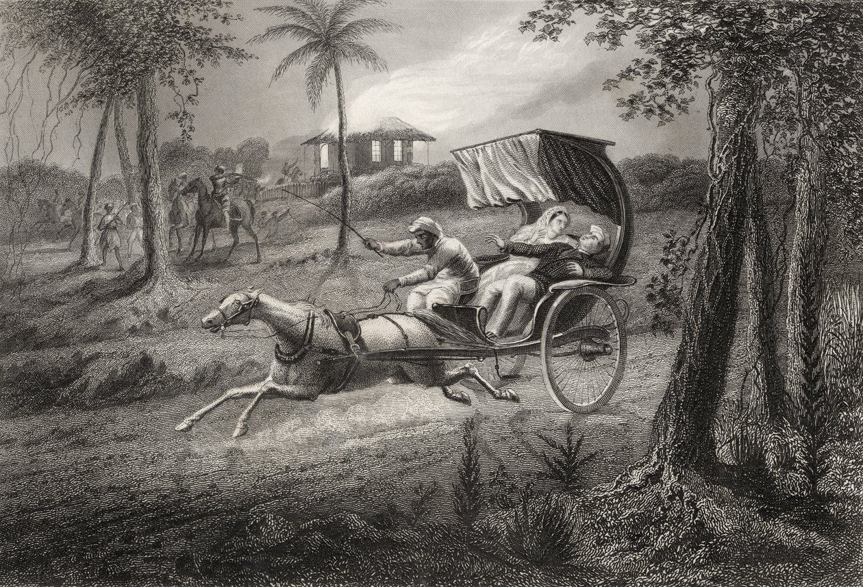 Dr Graham zastřelil ve své bugině Sealkote Mutineers v roce 1857, z „Historie indické vzpoury“, vydané v roce 1858 od English School