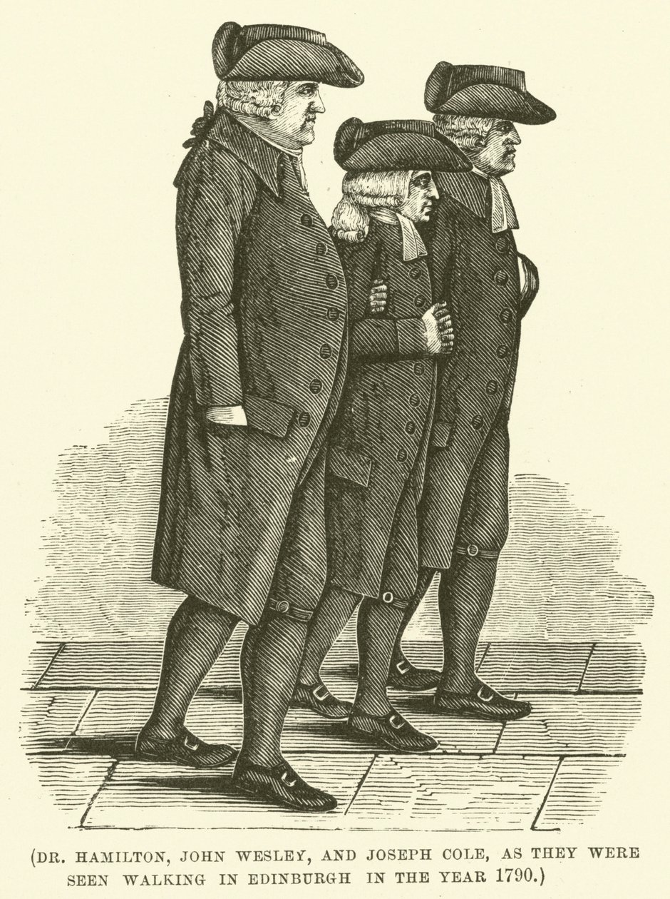 Dr. Hamilton, John Wesley a Joseph Cole na procházce v Edinburghu v roce 1790 (rytina) od English School
