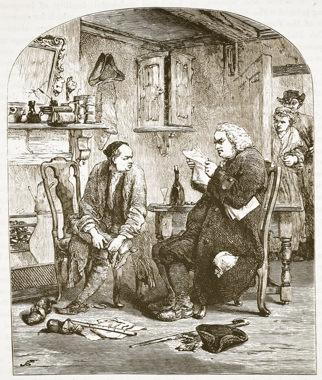 Dr. Johnson čte rukopis knihy Vicar of Wakefield, ilustrace z Cassells Illustrated History of England (sépiová fotografie) od English School
