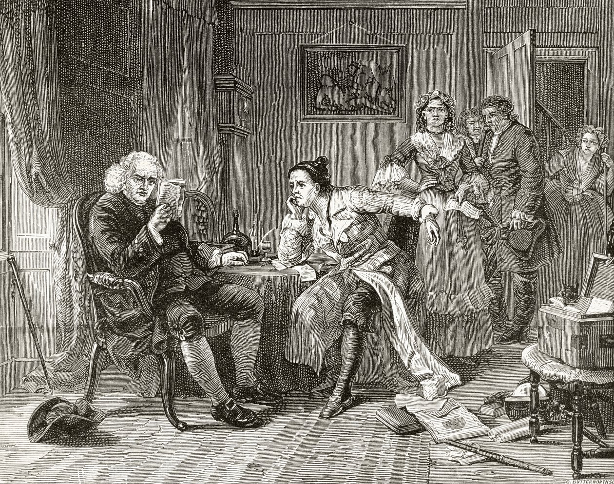 Dr. Samuel Johnson čte rukopis 
