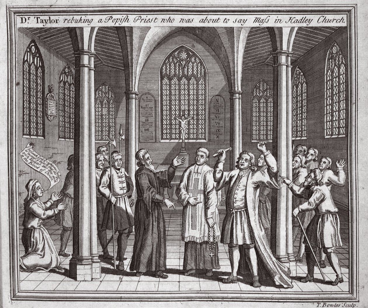 Dr Taylor kárá papežského kněze, který se chystal sloužit mši v Hadley Church, ilustrace z Foxes Martyrs kolem roku 1703 od English School