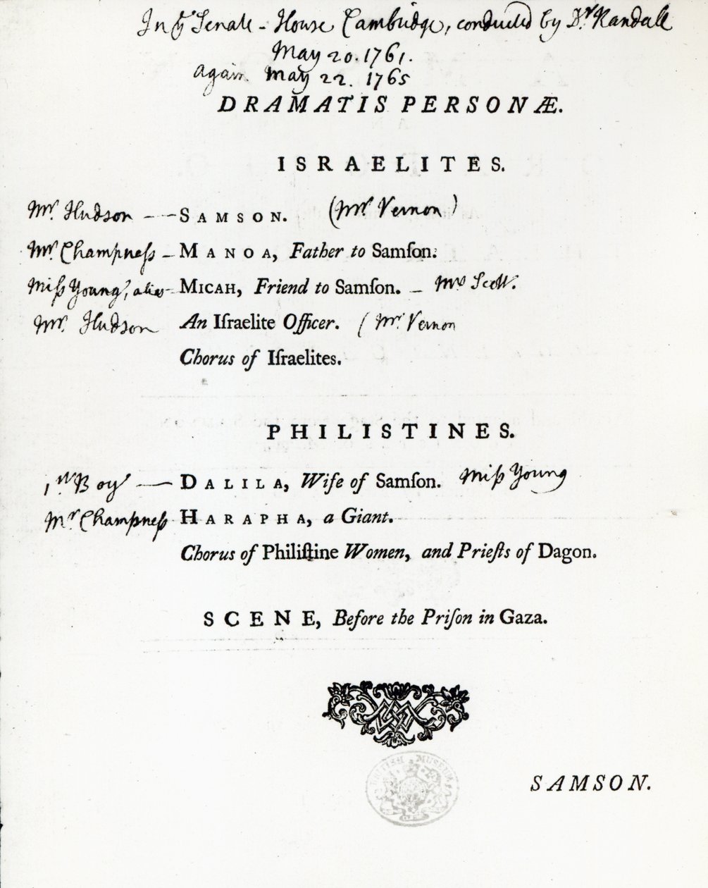 Dramatis Personae pro Samsona, Händelovo oratorium, vydané v roce 1759 od English School
