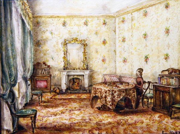 Interiér přijímacího pokoje ve venkovském domě, cca 1848 (akvarel na papíře) od English School
