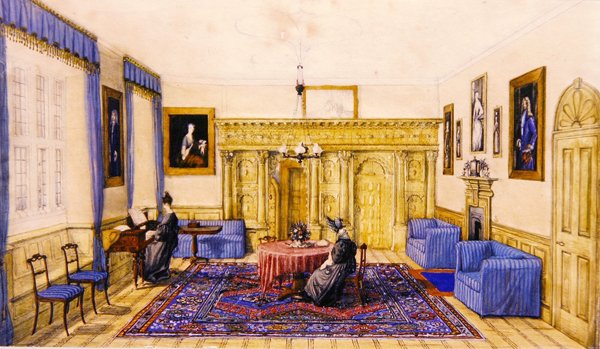 Interiér salonu venkovského domu, asi 1830 (akvarel na papíře) od English School