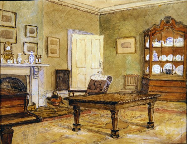 Interiér přijímacího pokoje se sbírkou porcelánu, cca 1890 (akvarel na papíře) od English School