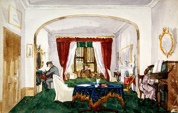 Interiér salonu, žena u klavíru, muž v buřince, psaní, cca 1850 (akvarel na papíře) od English School