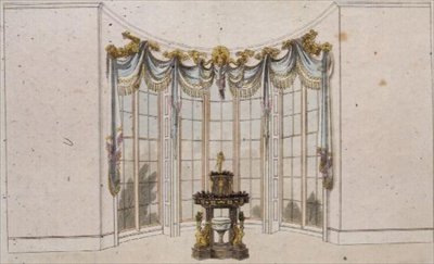 Okenní závěs a žardiniéra v obývacím pokoji, deska 101 z Ackermannova uměleckého sborníku, vydávaného v letech 1809-28 (barevná litografie) od English School