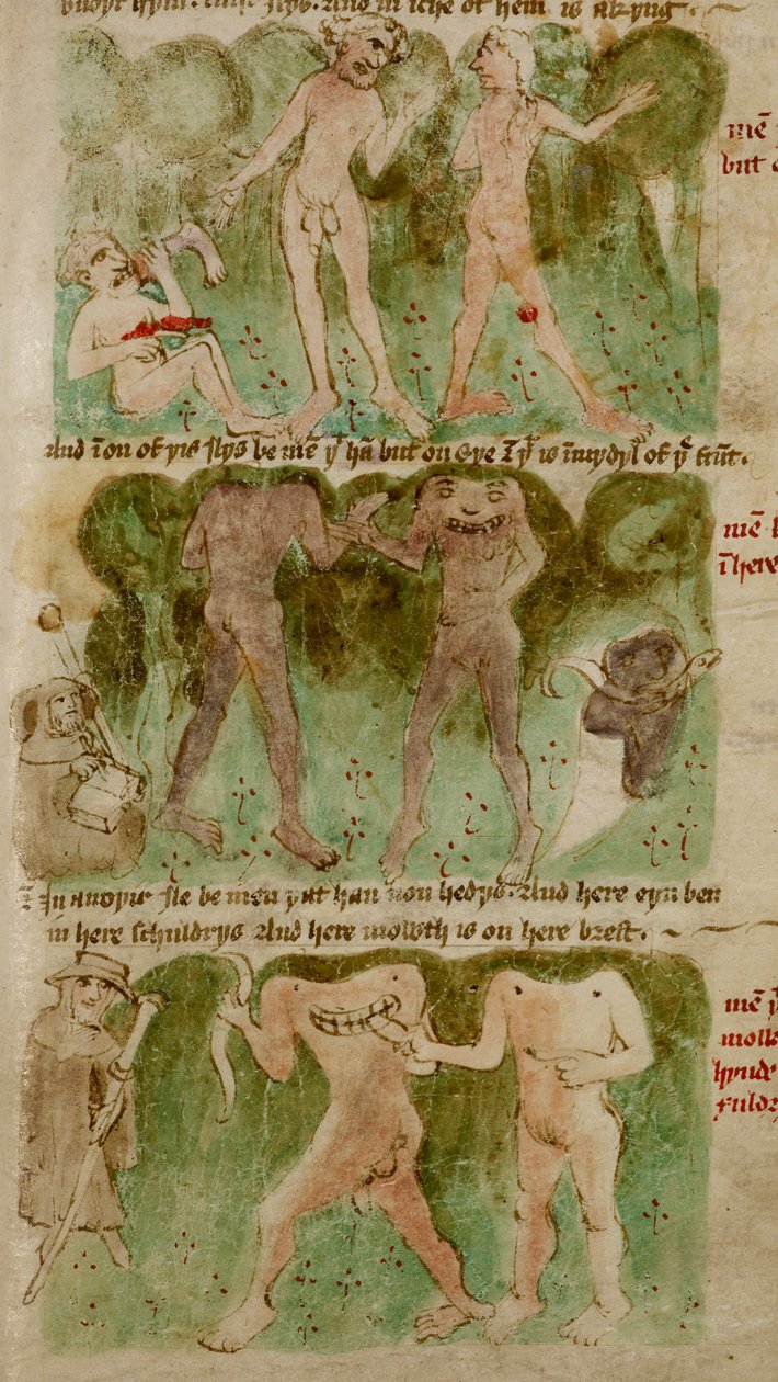 „Kresby monstrózních ras v království Dondun, včetně kyklopů, kanibalských obrů a blemmyae“, ilustrace z „Cestování sira Johna Mandevilla“ (inkoust a barva na pergamenu) od English School
