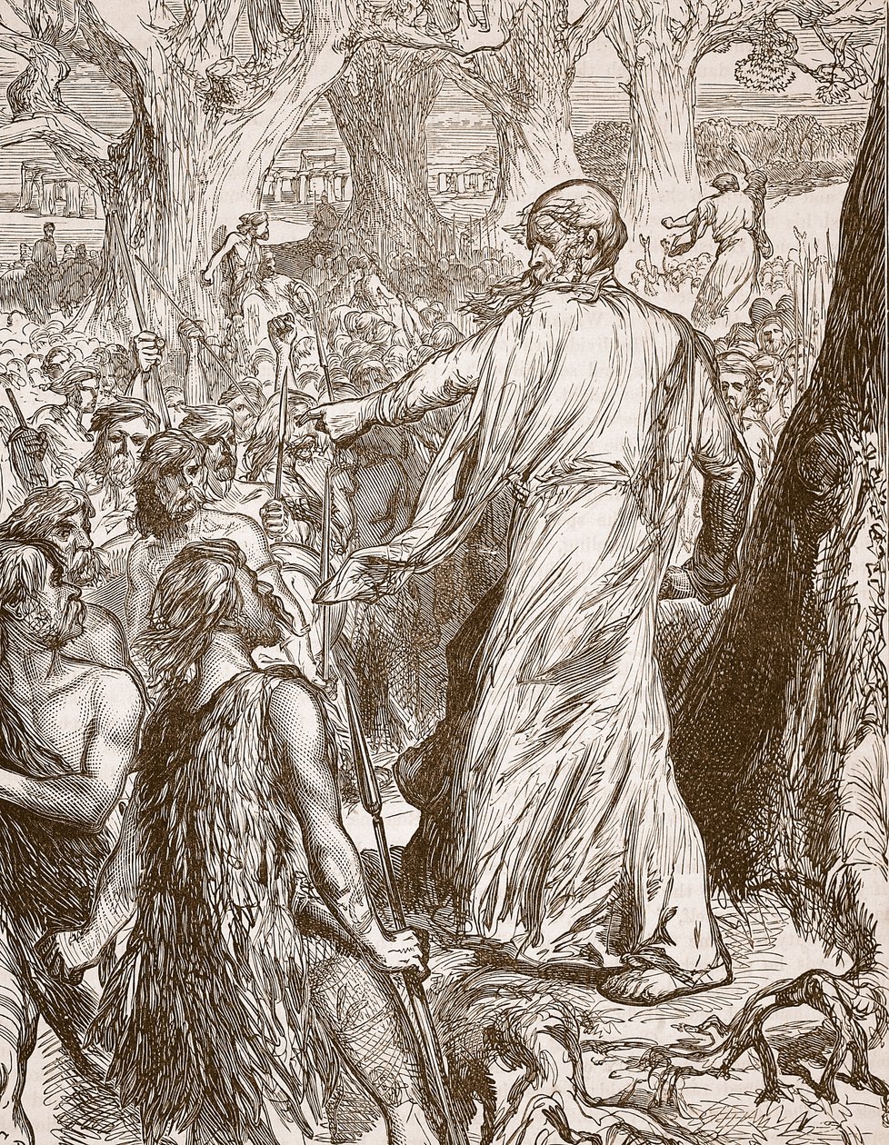 Druidové podněcující Brity k odporu proti vylodění Římanů, ilustrace z Cassells Illustrated History of England (sépiová fotografie) od English School