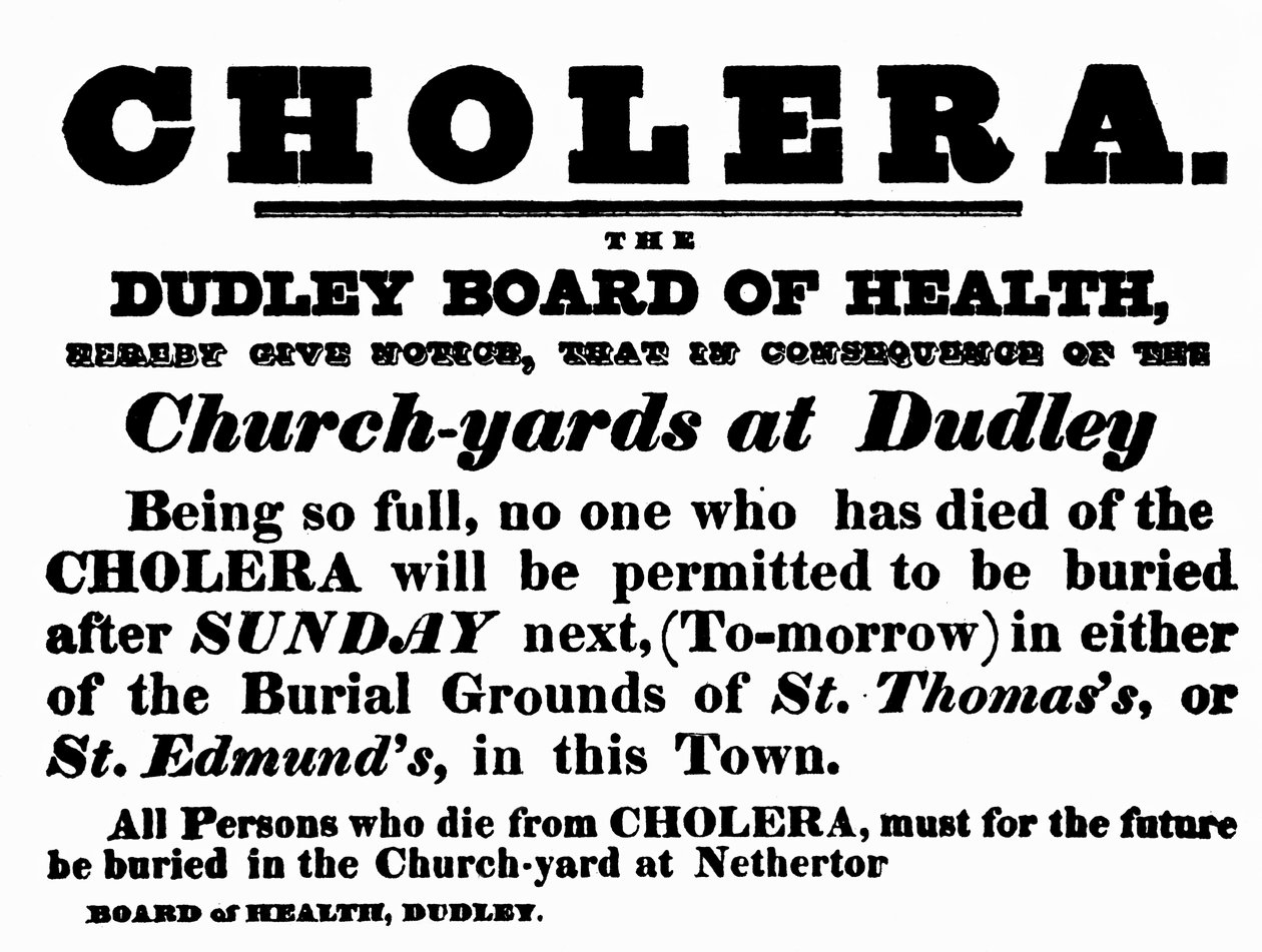 Plakát Dudley Board of Health oznamující postup pohřbu lidí, kteří zemřeli na choleru, kolem 40. let 19. století od English School