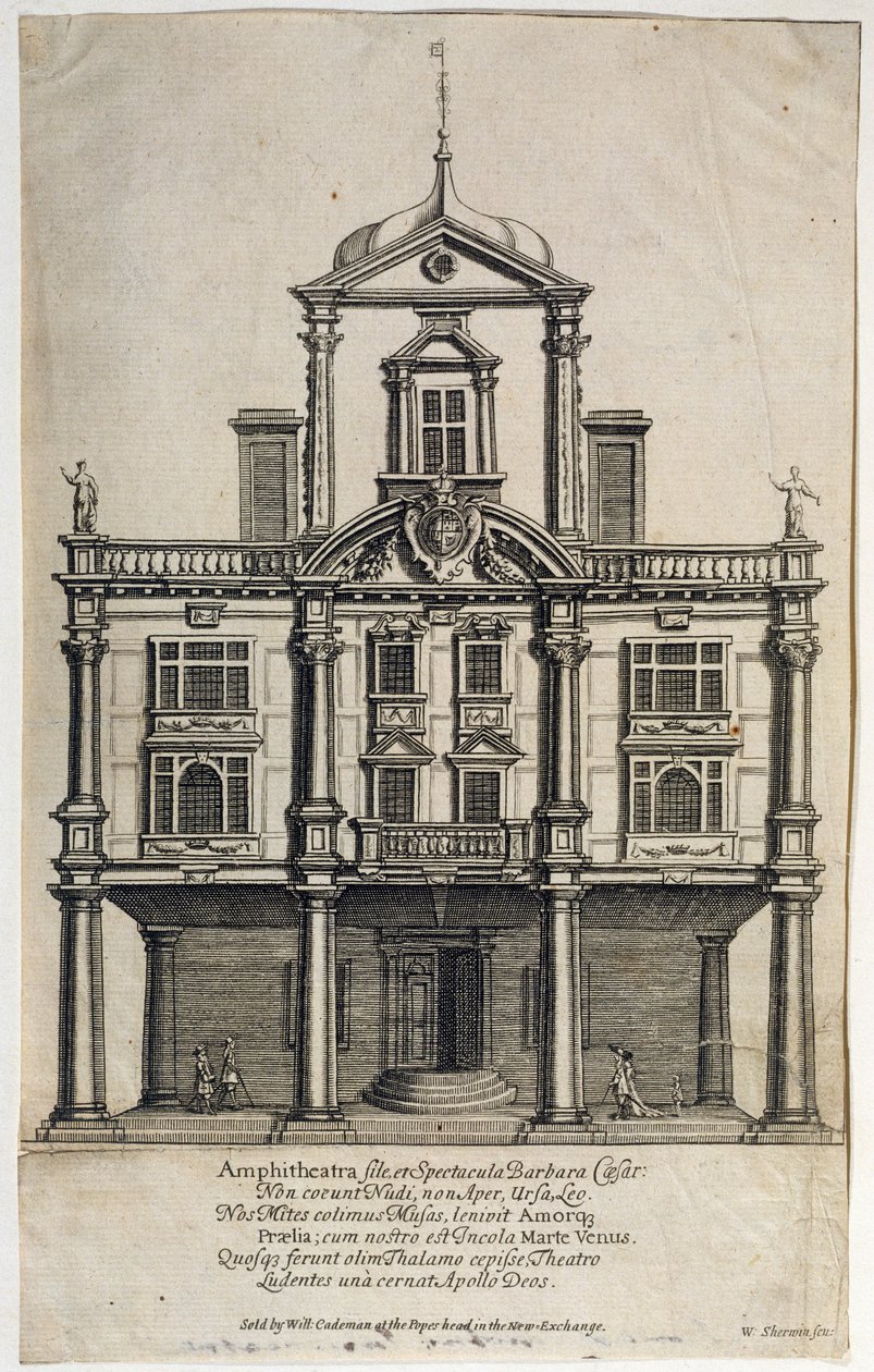 Dukes Theatre, Dorset Gardens, vyryl W. Sherwin (c.1645-1711) 1673 od English School