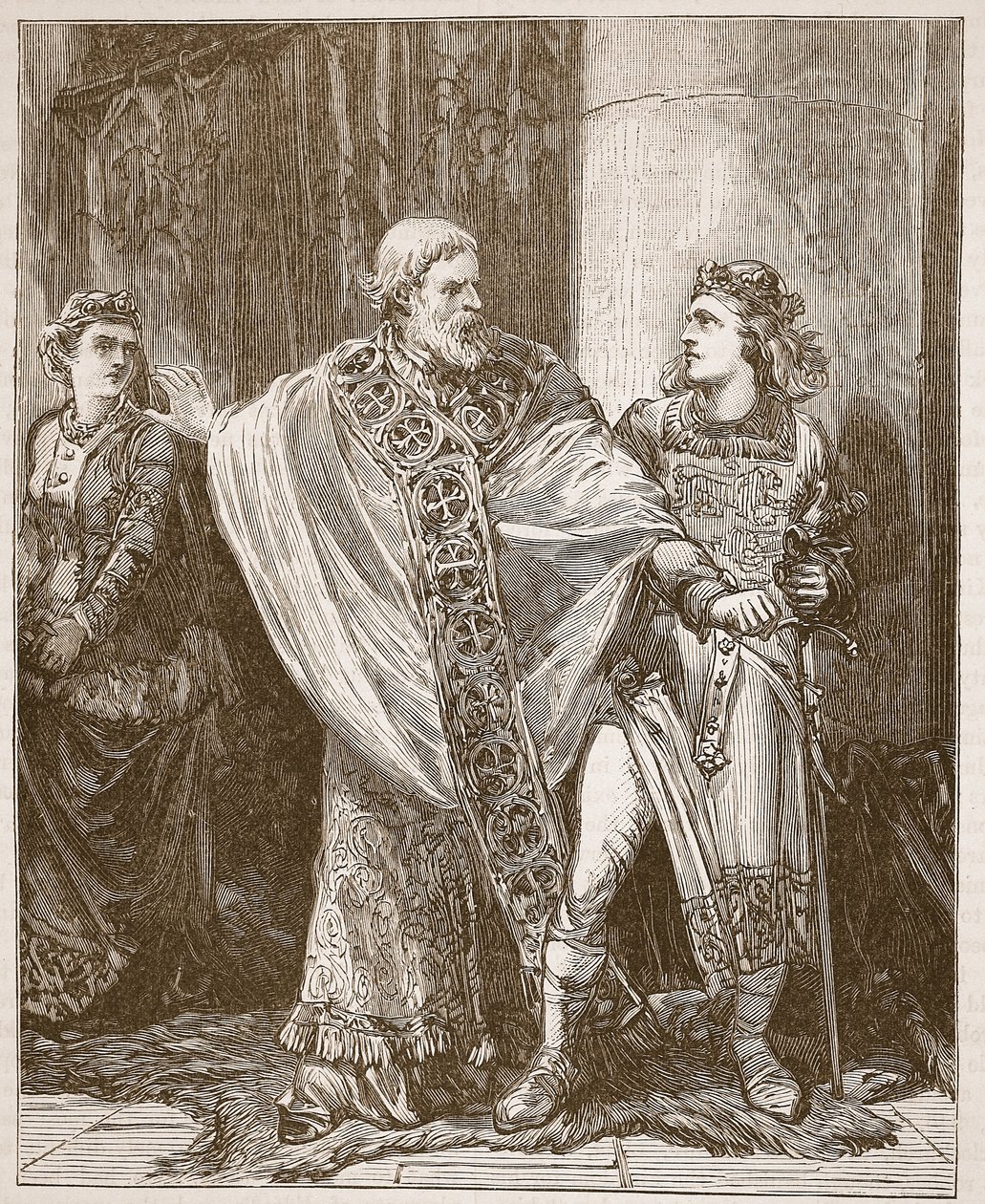 Dunstan táhne Edwyho z přítomnosti Elgivy, ilustrace z Cassells Illustrated History of England (sépiová fotografie) od English School