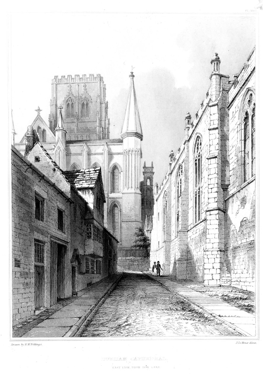 Durhamská katedrála, pohled na východ z Bow Lane od English School