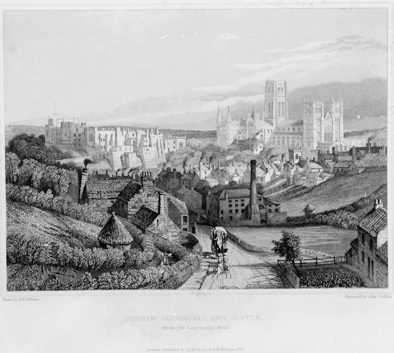 Durhamská katedrála a hrad z Newcastle Road, 1841 od English School