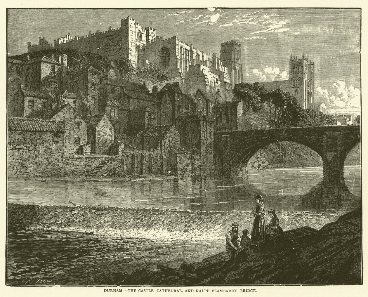 Durham, hradní katedrála a most Ralpha Flambarda (rytina) od English School