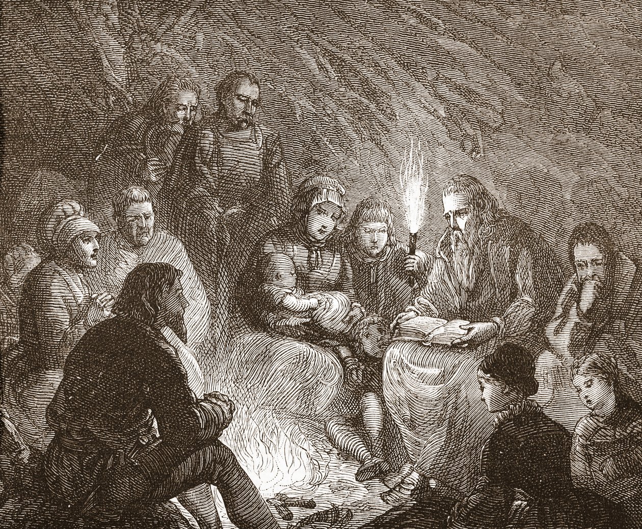 Holandští protestanti v úkrytu, ilustrace z Historie protestantismu od Jamese Aitkena Wylie (1808-1890), hospoda. 1878 od English School